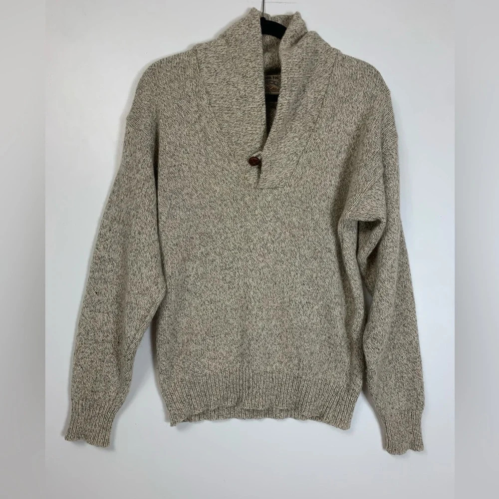 London Fog Oatmeal Wool Shawl Collar Sweater Vintage Knit Pullover Men Small USA